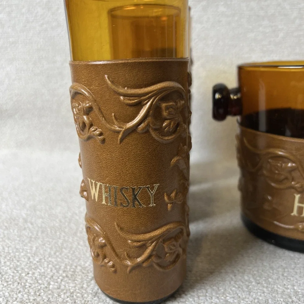 Whisky Glasses & Glass Ice Bucket Amber Embossed Leather Sleeve Set 7 Bar Liquor